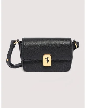 Geanta crossbody din piele cu inchidere cu clapa, Negru