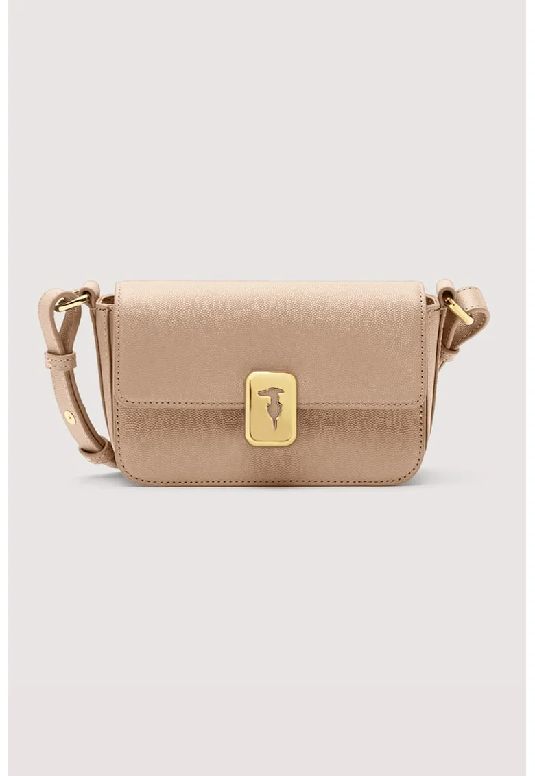 Geanta crossbody din piele cu inchidere cu clapa, Maro camel
