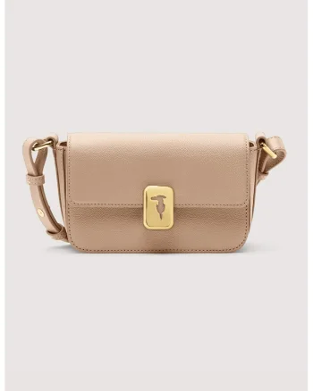 Geanta crossbody din piele cu inchidere cu clapa, Maro camel