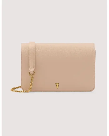 Geanta crossbody din piele cu bareta detasabila din lant, Roz pastel
