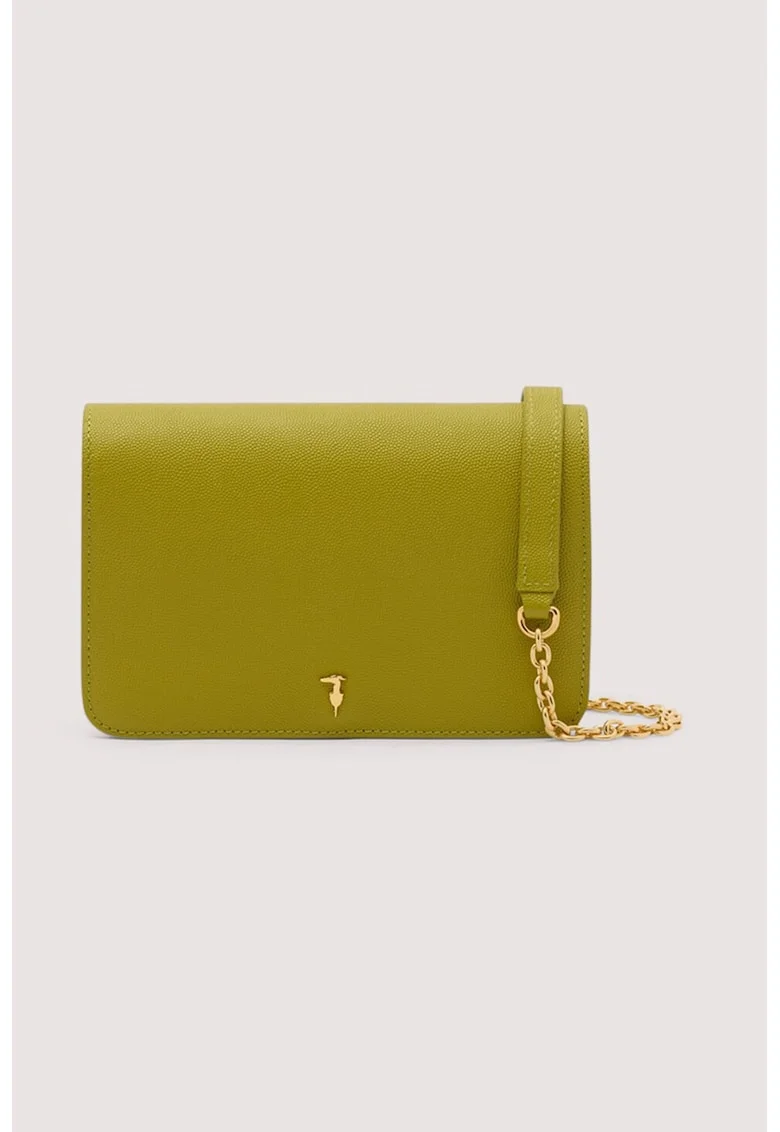 Geanta crossbody din piele cu bareta detasabila din lant, Verde masliniu