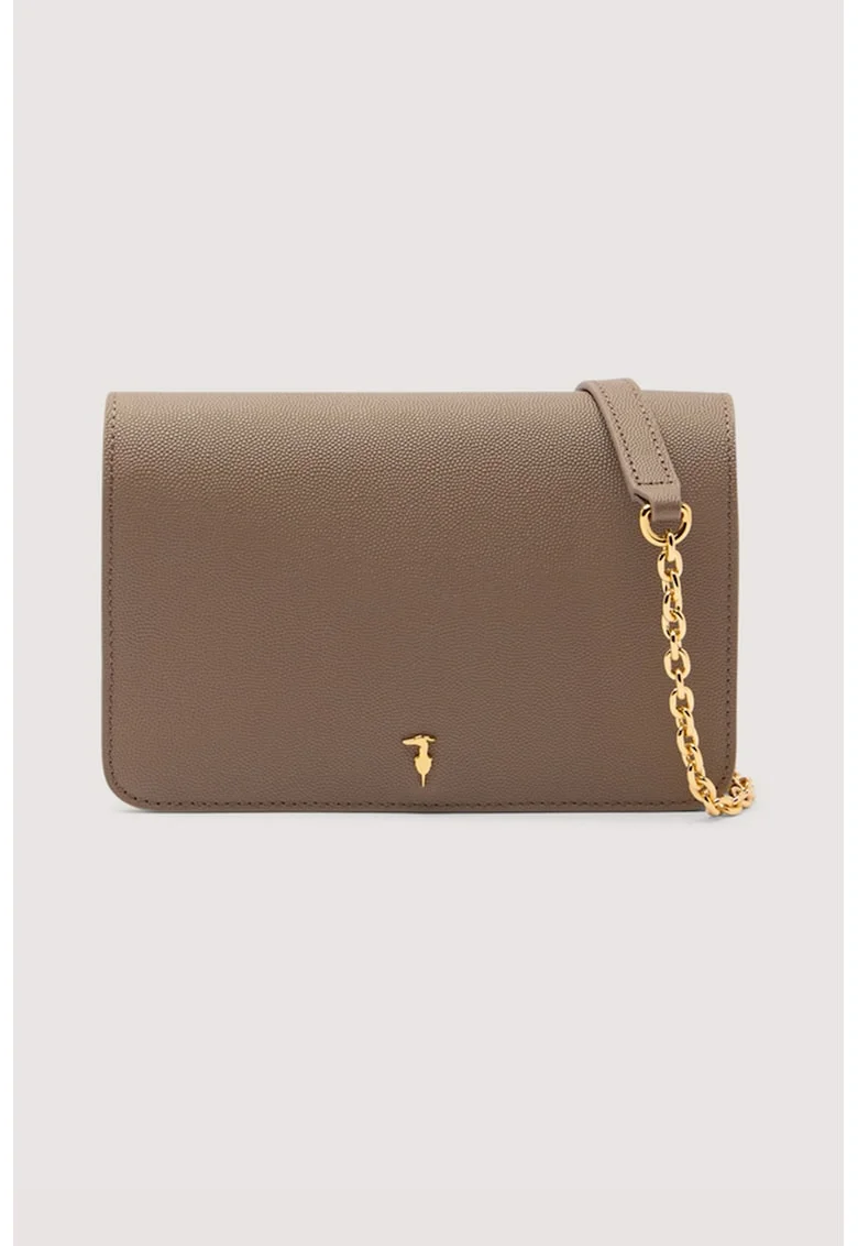 Geanta crossbody din piele cu bareta detasabila din lant, Maro camel