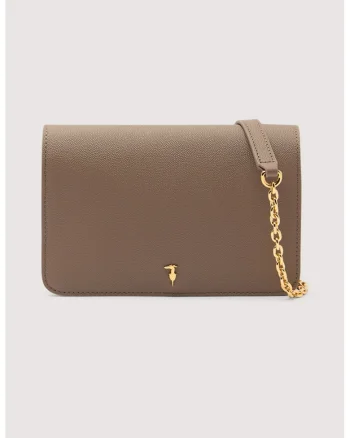 Geanta crossbody din piele cu bareta detasabila din lant, Maro camel