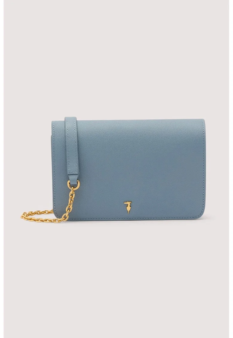 Geanta crossbody din piele cu bareta detasabila din lant, Albastru prafuit