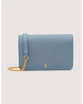 Geanta crossbody din piele cu bareta detasabila din lant, Albastru prafuit