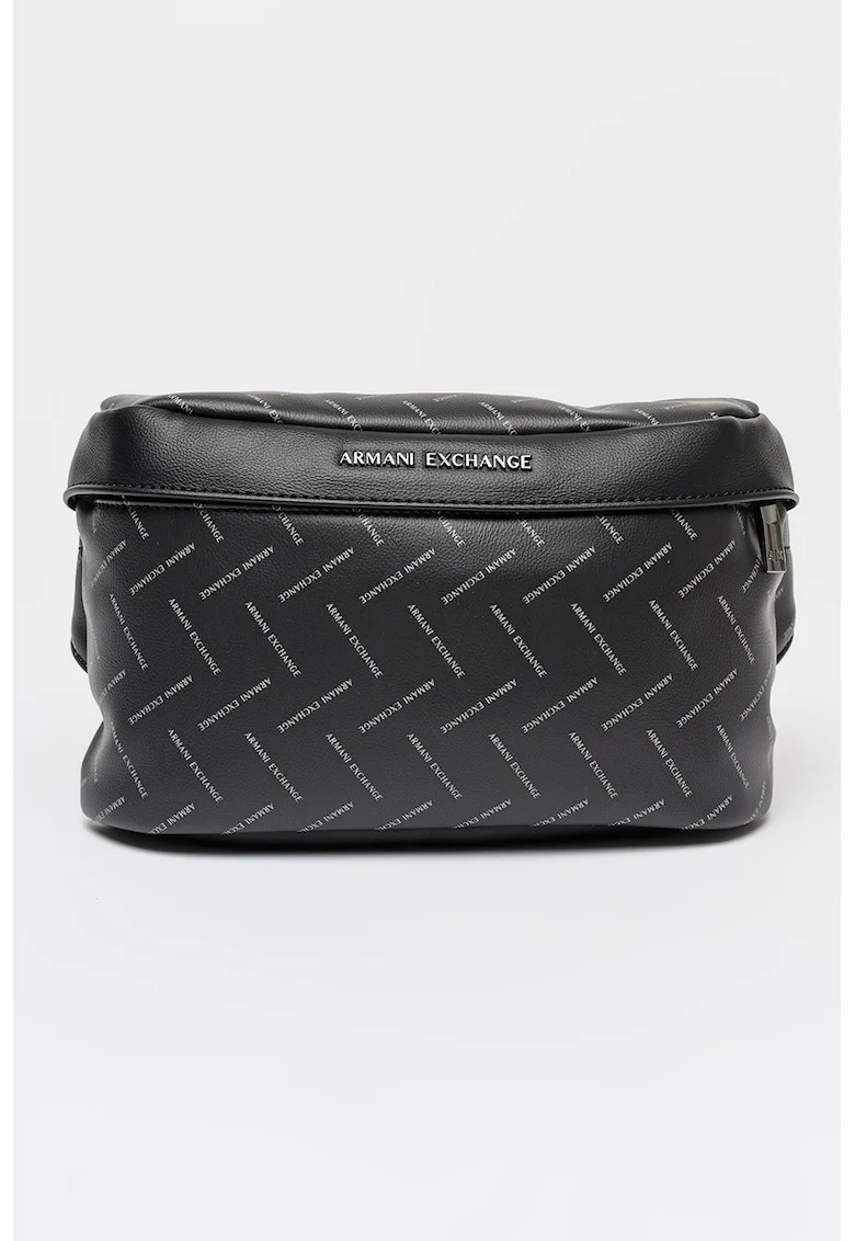 Geanta crossbody de piele ecologica cu model logo, Negru/Gri deschis/Gri inchis