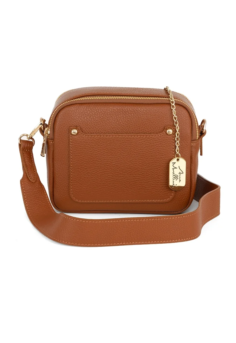 Geanta crossbody din piele cu bareta detasabila, Caramel