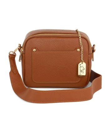 Geanta crossbody din piele cu bareta detasabila, Caramel
