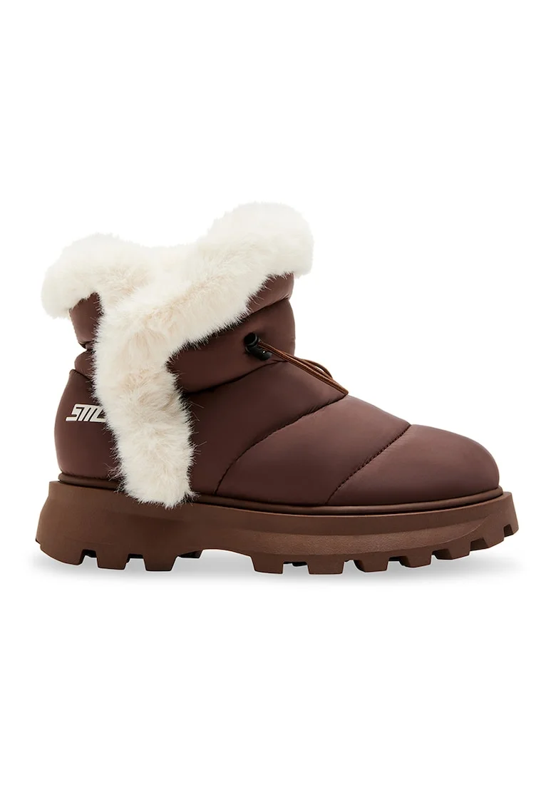 Ghete slip-on cu garnituri din blana sintetica Frostee, Maro cognac/Alb fildes