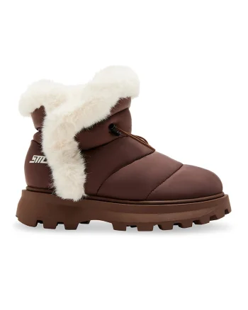 Ghete slip-on cu garnituri din blana sintetica Frostee, Maro cognac/Alb fildes