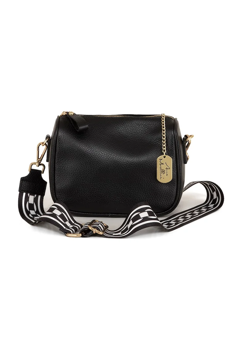 Geanta crossbody de piele cu bareta din material textil, Negru