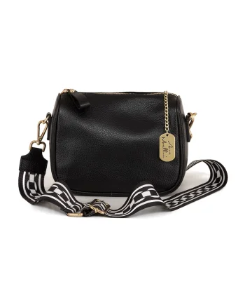 Geanta crossbody de piele cu bareta din material textil, Negru