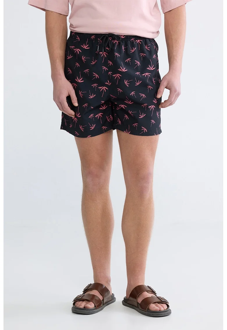 Pantaloni scurti de baie cu chiloti interiori de plasa si model, Negru/Roz