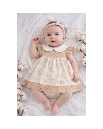 Rochita bebe eleganta cu body integrat din bumbac si dantela model floral