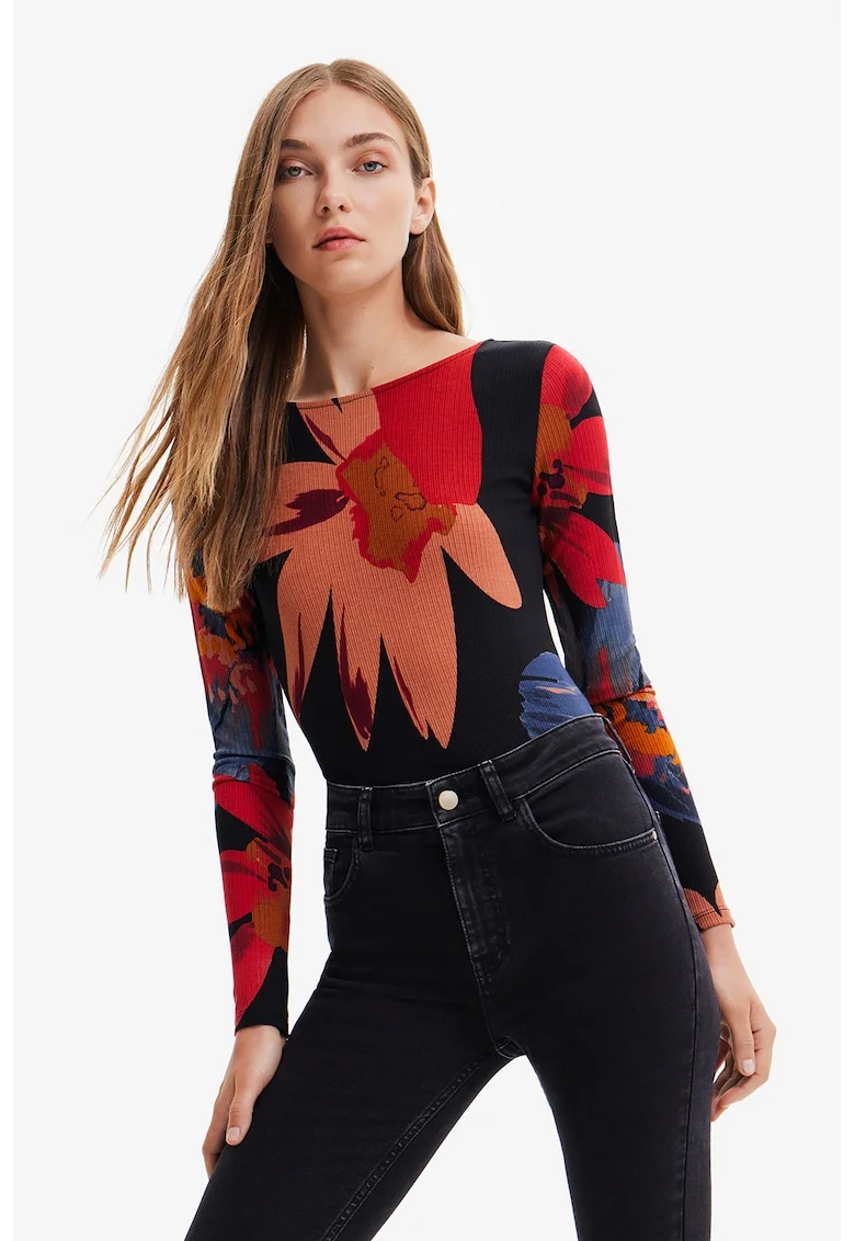 Body striat cu model floral, Negru/Caramiziu