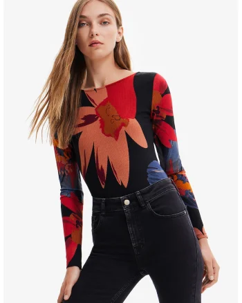 Body striat cu model floral, Negru/Caramiziu