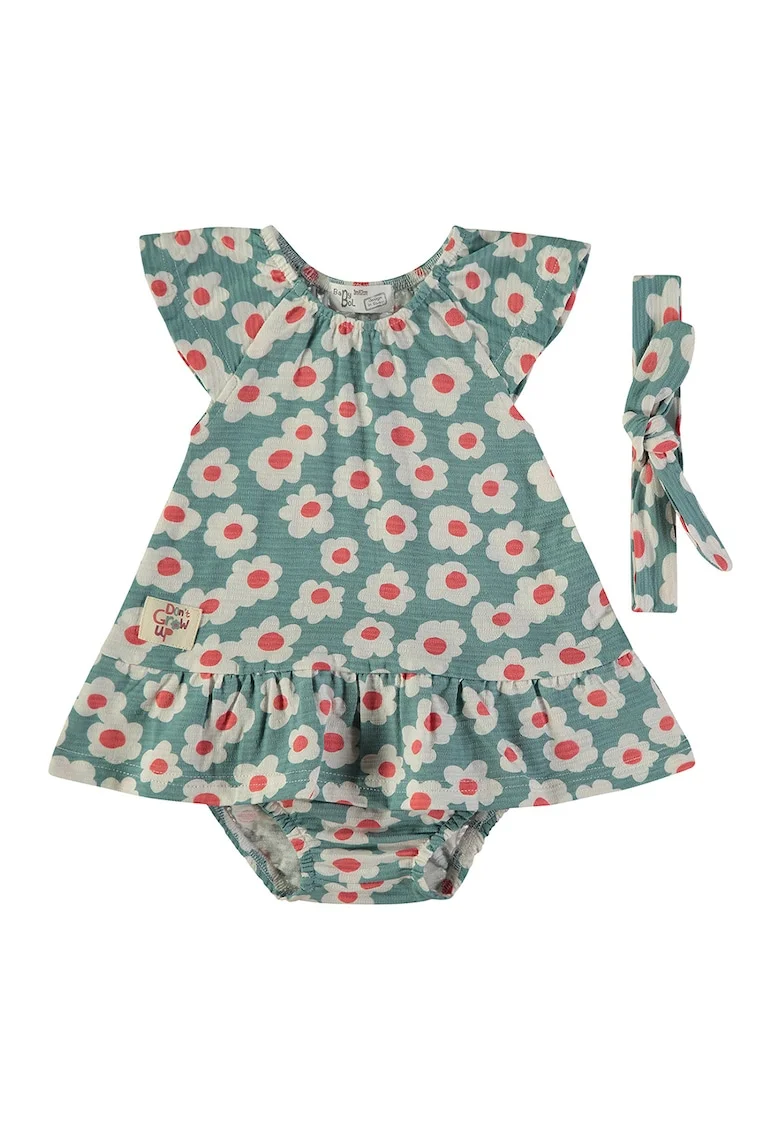 Rochie cu imprimeu floral si chiloti, Verde pal/Alb murdar