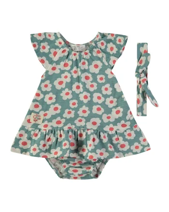 Rochie cu imprimeu floral si chiloti, Verde pal/Alb murdar