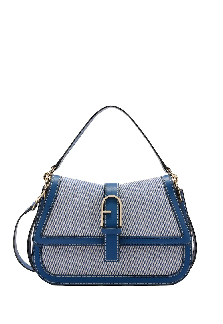 Geanta crossbody din piele si material textil cu clapa Novara Ultra, Albastru denim