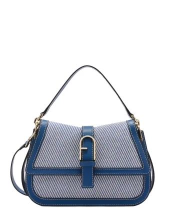 Geanta crossbody din piele si material textil cu clapa Novara Ultra, Albastru denim