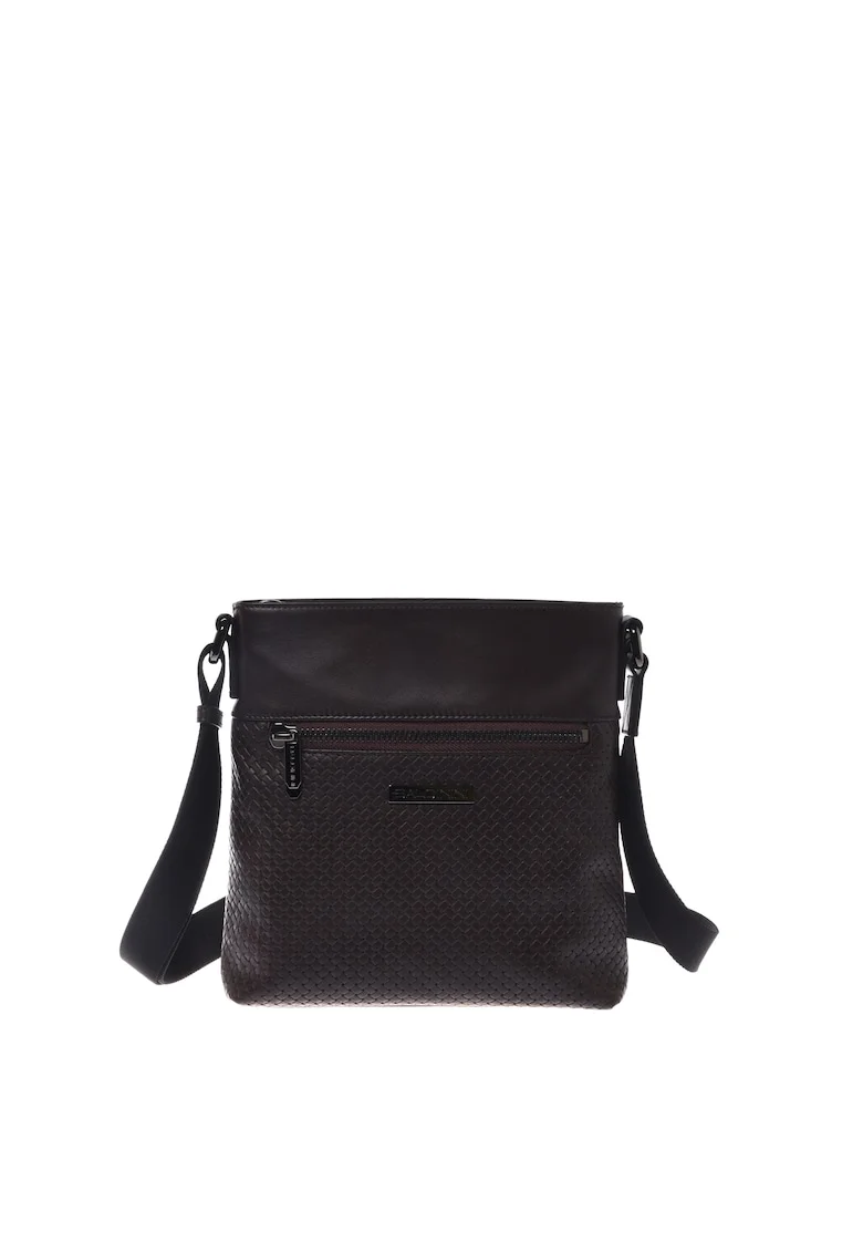 Geanta crossbody din piele cu buzunar cu fermoar, Maro