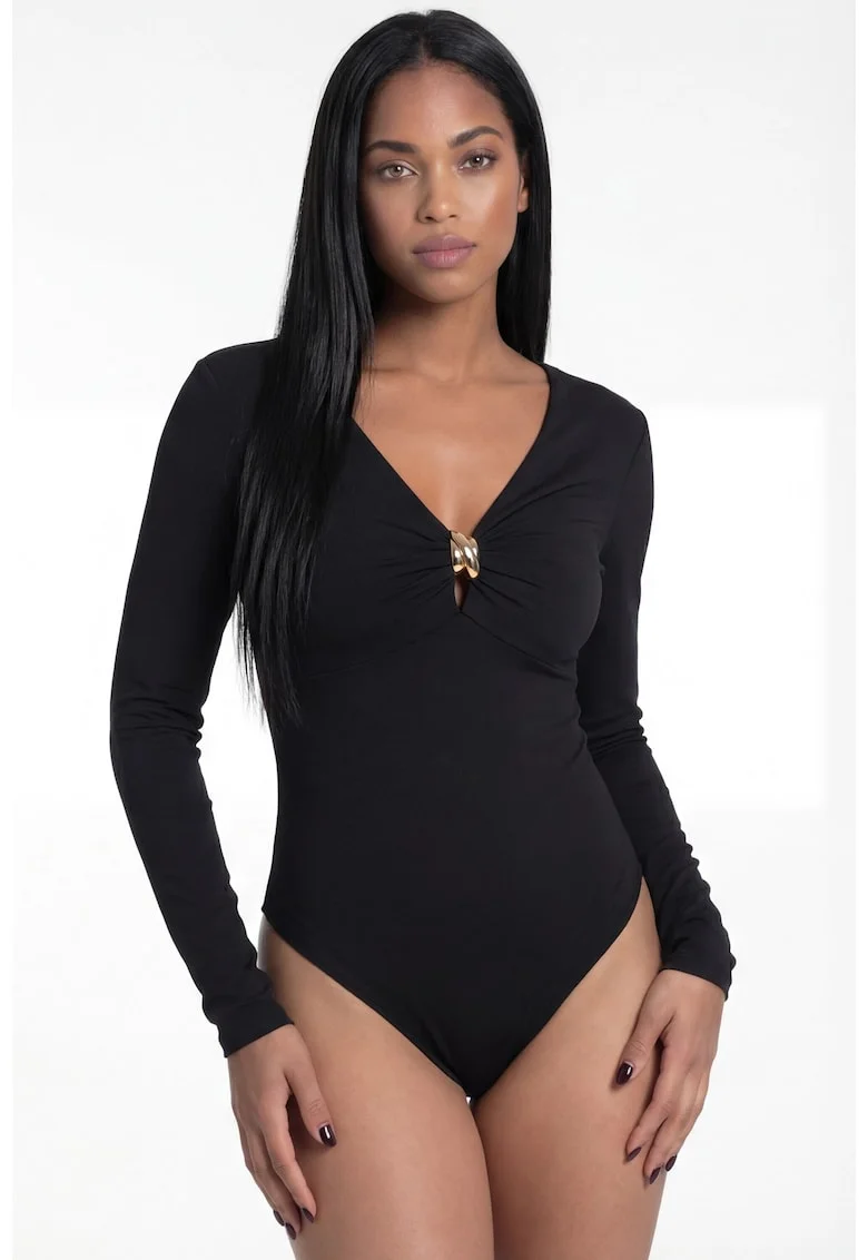 Body de dama M1308, negru, croiala mulata, decolteu in V, maneci lungi, inchidere cu capse, material elastic, stil casual-elegant