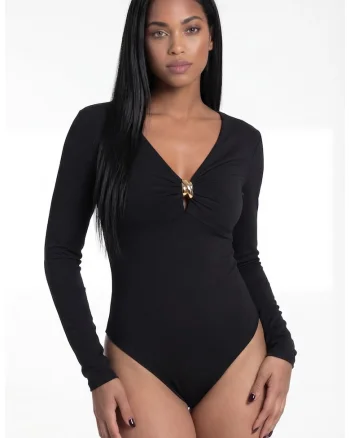 Body de dama M1308, negru, croiala mulata, decolteu in V, maneci lungi, inchidere cu capse, material elastic, stil casual-elegant