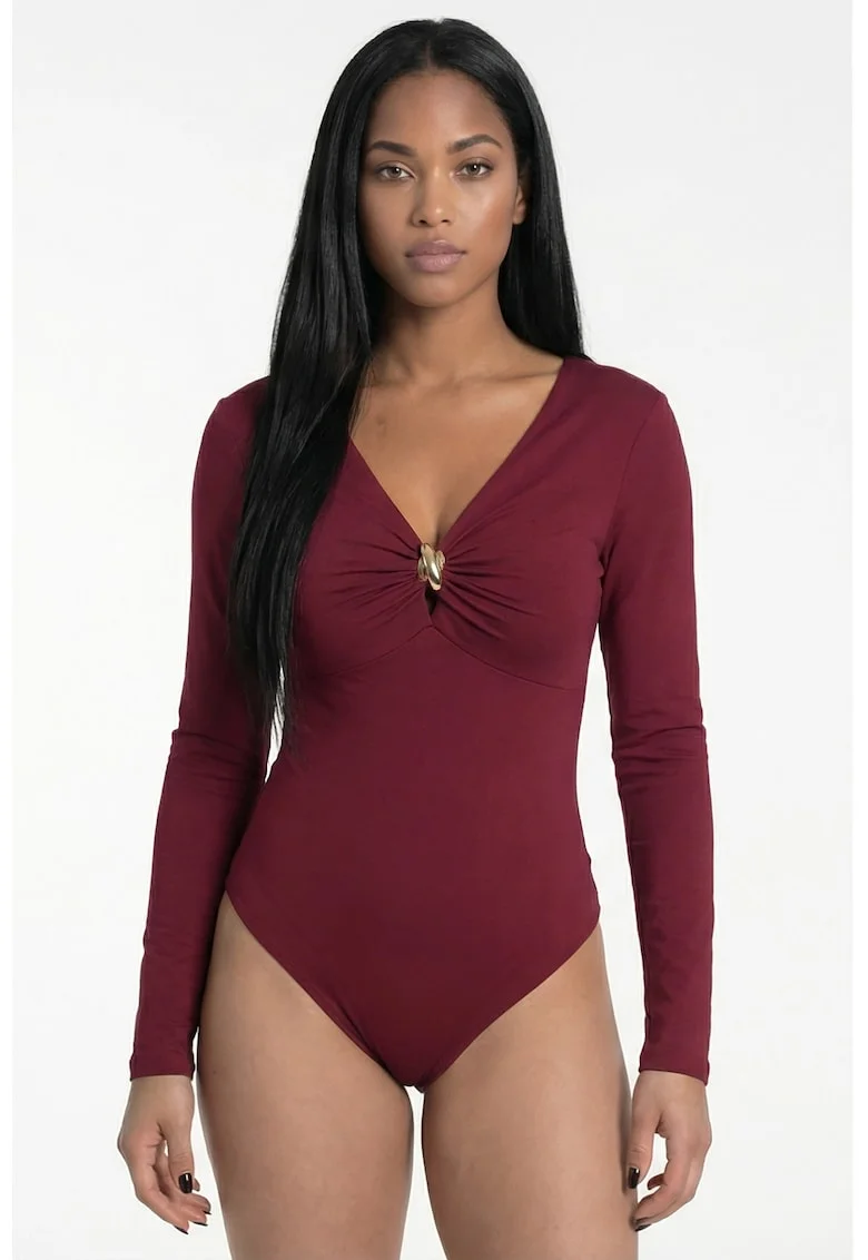 Body de dama  M1308, ajustat, decolteu in V, bordeaux, material elastic
