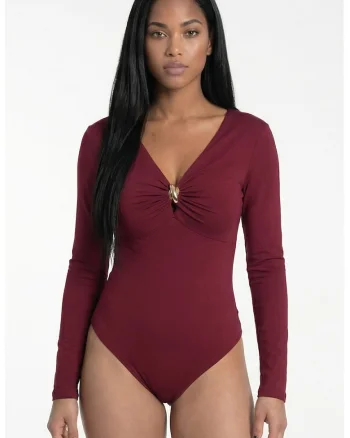 Body de dama  M1308, ajustat, decolteu in V, bordeaux, material elastic