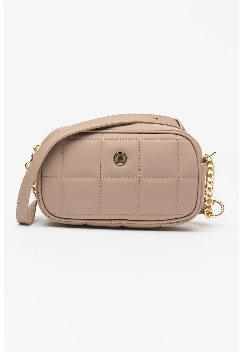 Geanta crossbody din piele ecologica cu detaliu logo, Maro taupe deschis