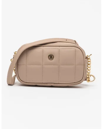 Geanta crossbody din piele ecologica cu detaliu logo, Maro taupe deschis