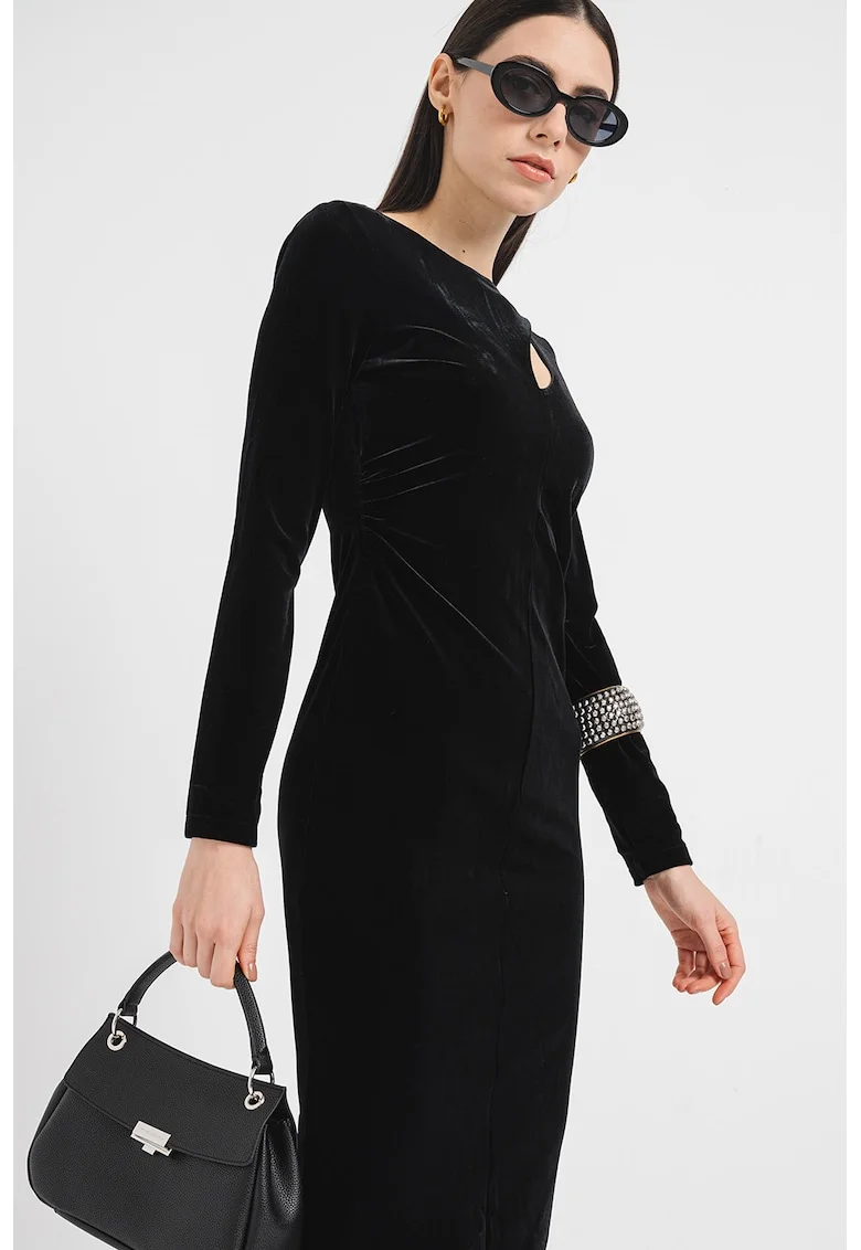 Rochie bodycon cu aspect de catifea si decupaj, Negru