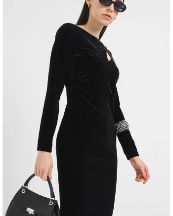Rochie bodycon cu aspect de catifea si decupaj, Negru