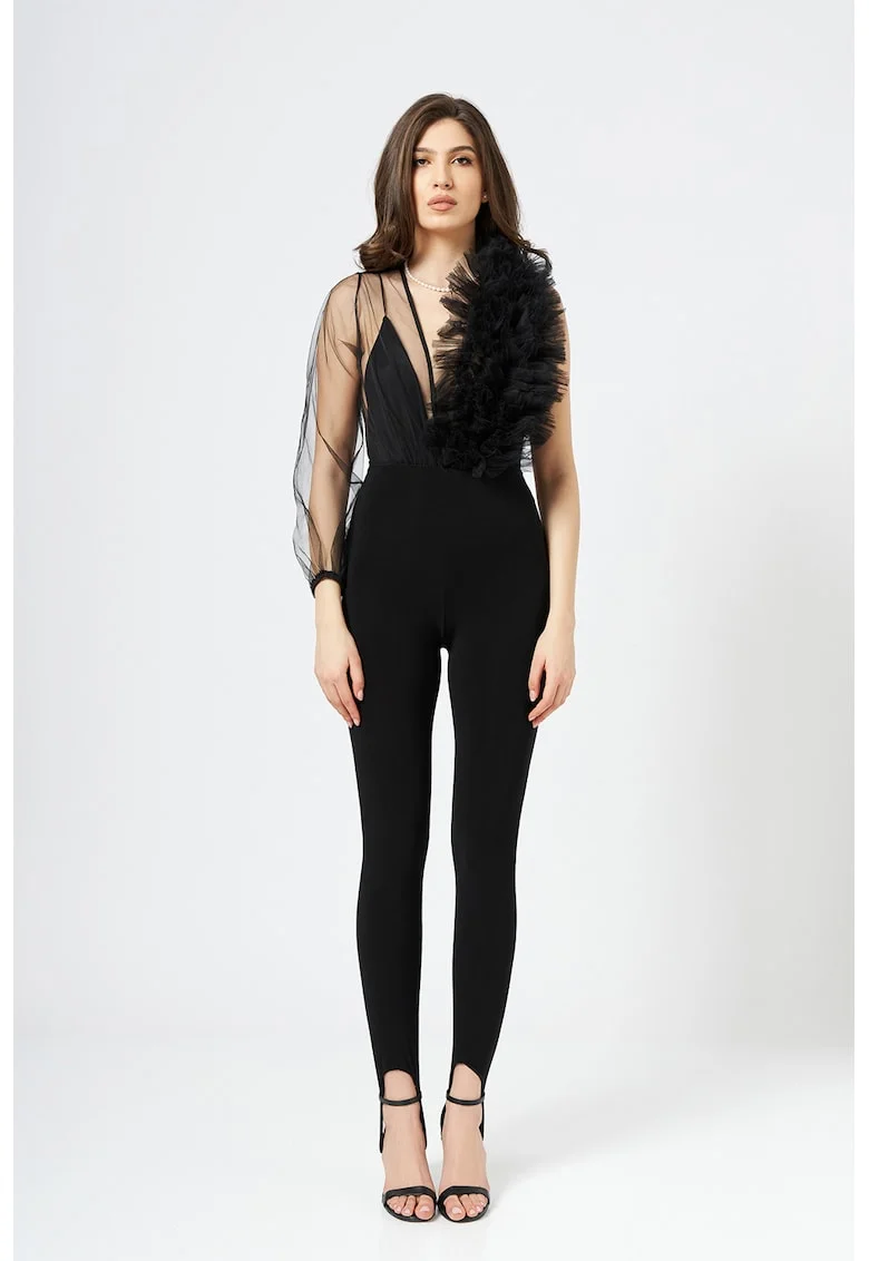 Body-bluza cu garnituri de tul si plasa, Negru