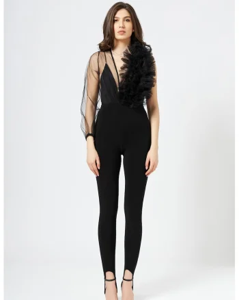 Body-bluza cu garnituri de tul si plasa, Negru