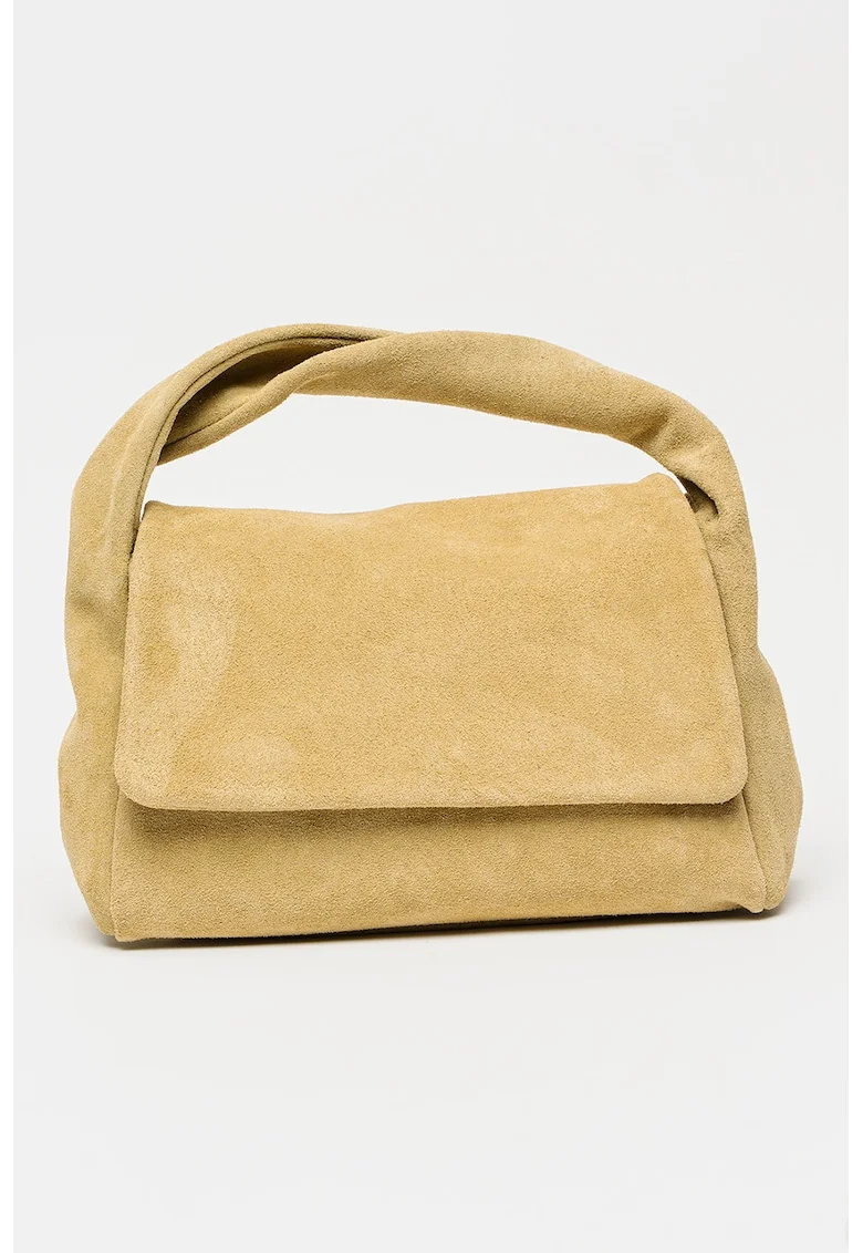 Geanta crossbody din piele intoarsa cu clapa si bareta detasabila, Bej antichizat