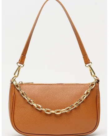 Geanta crossbody de piele granulata, Caramel