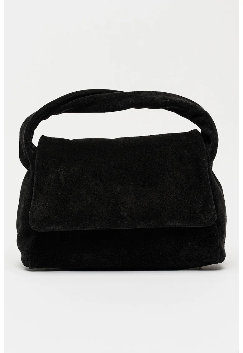 Geanta crossbody din piele intoarsa cu clapa si bareta detasabila, Negru stins