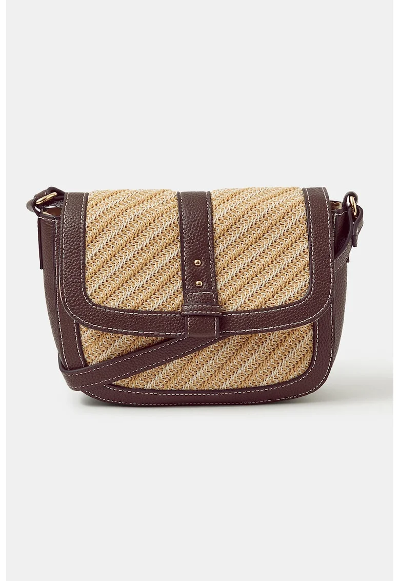 Geanta crossbody cu segment tesut, Maro inchis/Bej
