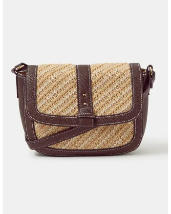 Geanta crossbody cu segment tesut, Maro inchis/Bej