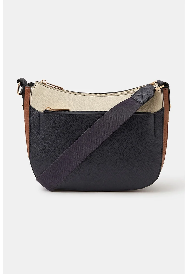 Geanta crossbody colorblock de piele ecologica, Maro/Ecru/Bleumarin