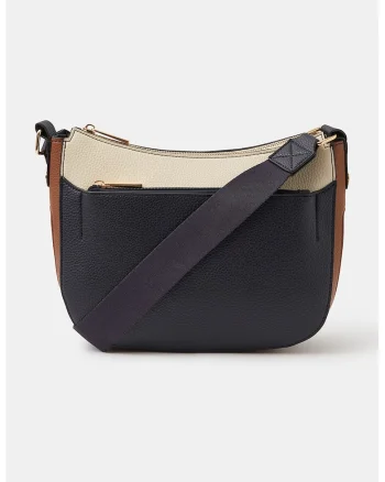 Geanta crossbody colorblock de piele ecologica, Maro/Ecru/Bleumarin