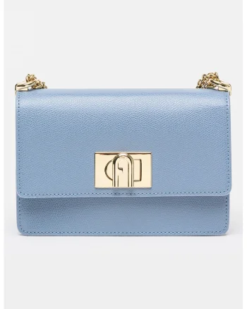 Geanta crossbody din piele cu bareta din lant si protectie pentru umar, Albastru pastel/Albastru prafuit