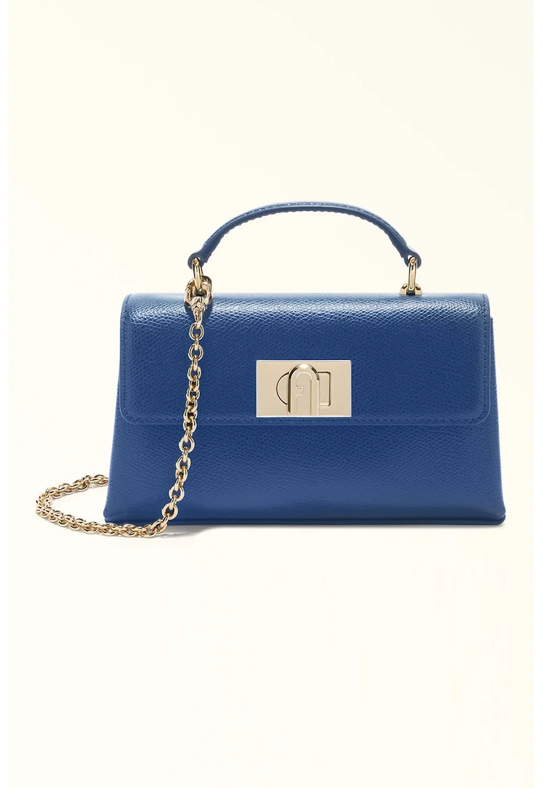 Geanta crossbody din piele cu bareta din lant si clapa 1927, Albastru indigo/Albastru