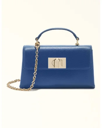 Geanta crossbody din piele cu bareta din lant si clapa 1927, Albastru indigo/Albastru