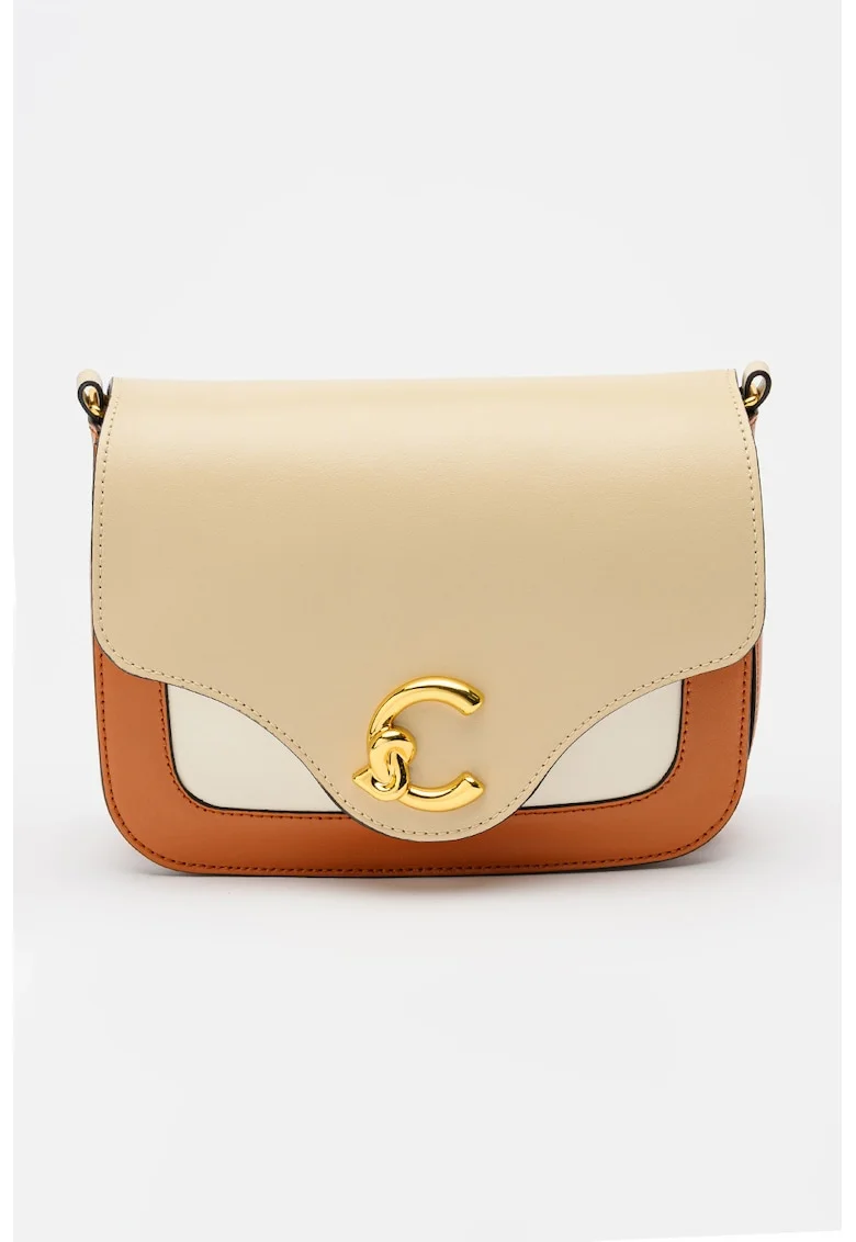 Geanta crossbody de piele cu model colorblock, Alb/Maro cognac/Bej