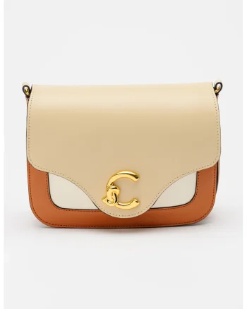 Geanta crossbody de piele cu model colorblock, Alb/Maro cognac/Bej