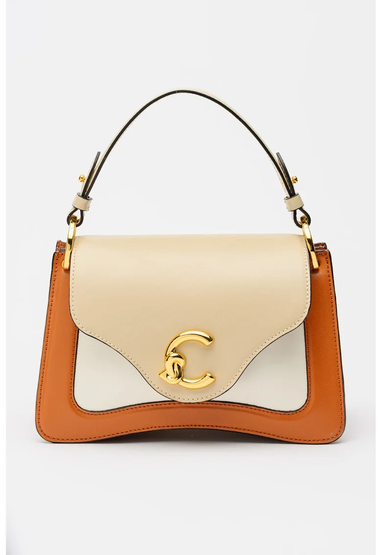 Geanta crossbody mica din piele cu doua compartimente C-ME, Alb/Maro cognac/Bej