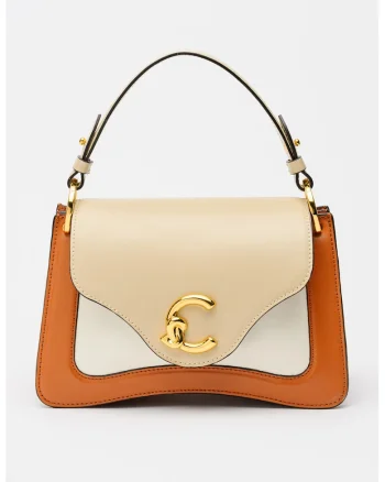 Geanta crossbody mica din piele cu doua compartimente C-ME, Alb/Maro cognac/Bej