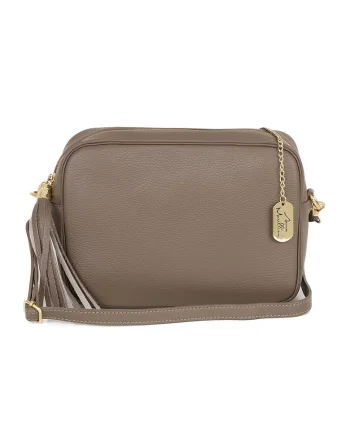 Geanta crossbody de piele cu bareta detasabila, Maro taupe